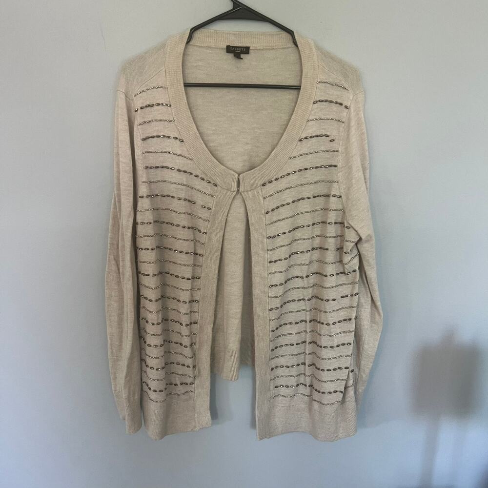 Talbots Woman Beaded Cardigan Women's Plus Size 1X Wool Blend Light Beige